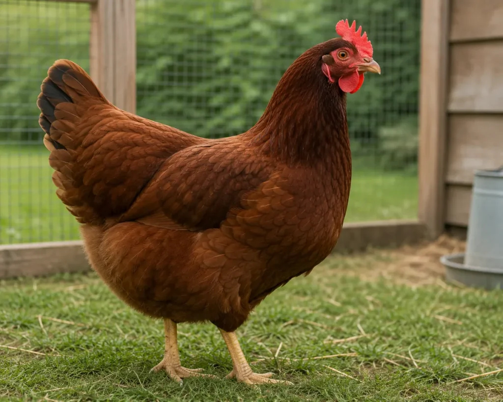 Rhode Island Red hen in a coop run, a classic breed for traditional chicken names