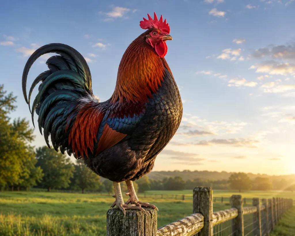 Bold rooster perched on a fence post, showing the presence behind strong boy chicken names