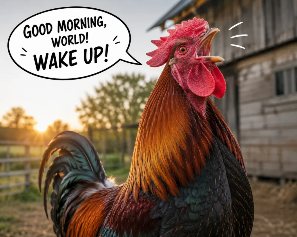 Rooster crowing loudly with beak open, capturing the energy behind funny chicken names