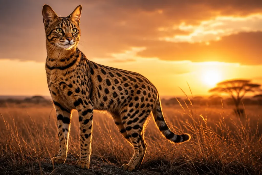 Savannah cat with wild spotted coat standing in golden grass