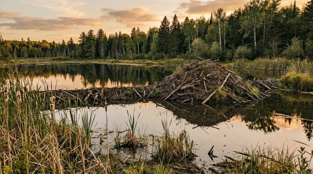 Beaver lodge and dam on a calm pond, inspiring water-themed beaver names