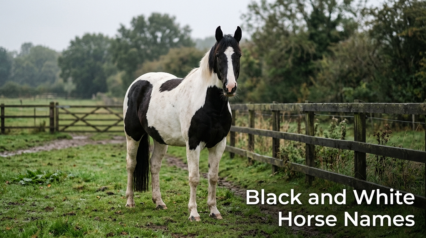 Black and white pinto horse standing in a green paddock on a cloudy morning