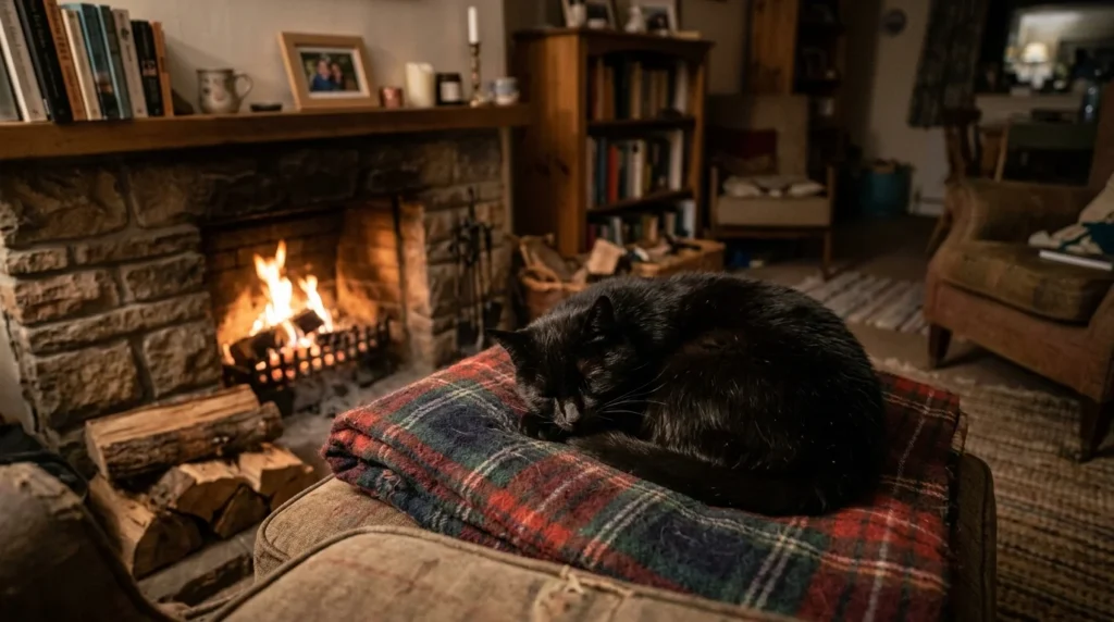 Black cat curled on a flannel blanket by the fire, cozy fall cat name inspiration