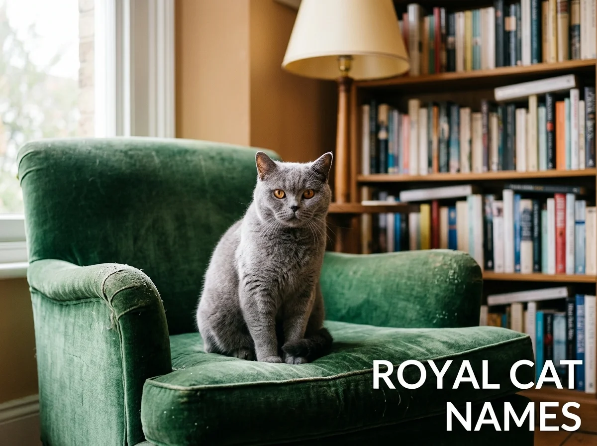 Grey cat on a velvet armchair, illustrating royal cat names