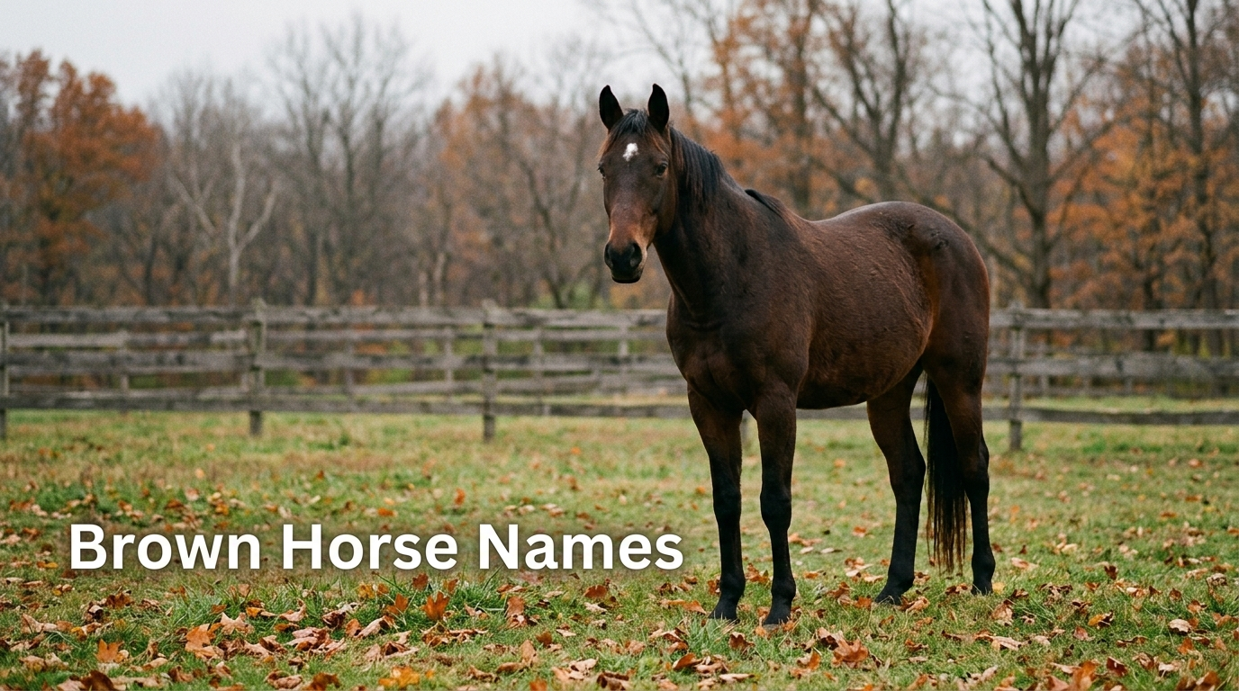 Dark brown horse with a white star standing in an autumn pasture