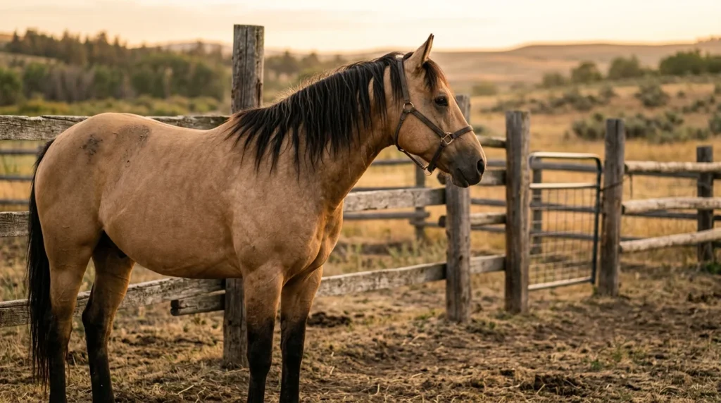 Buckskin horse with dark points at golden hour, a coat that inspires Heartland-style names