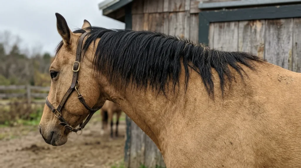 Close-up of a buckskin horse's gold coat and black mane contrast