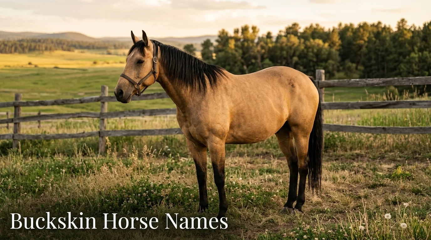 Buckskin horse with black mane and tail standing in a golden-hour pasture