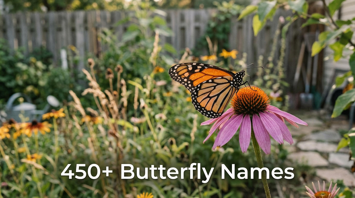 Monarch butterfly on purple coneflower, backyard butterfly names inspiration