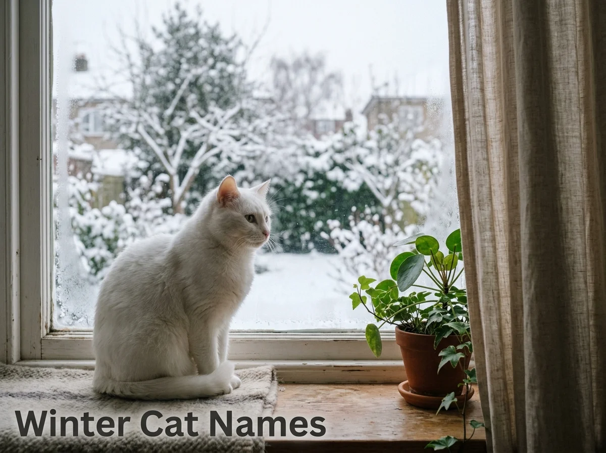 White cat at a frosty window, a fit for winter cat names