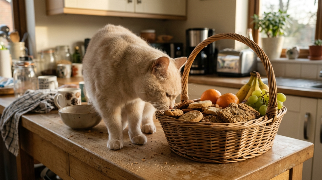 Cream cat near food items used for food-inspired cat names