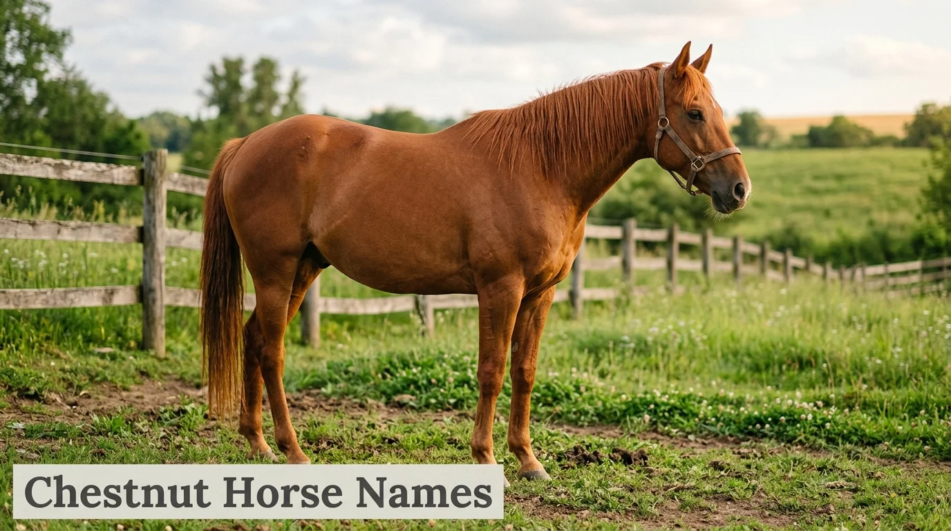 Copper-red chestnut horse standing in a sunlit paddock