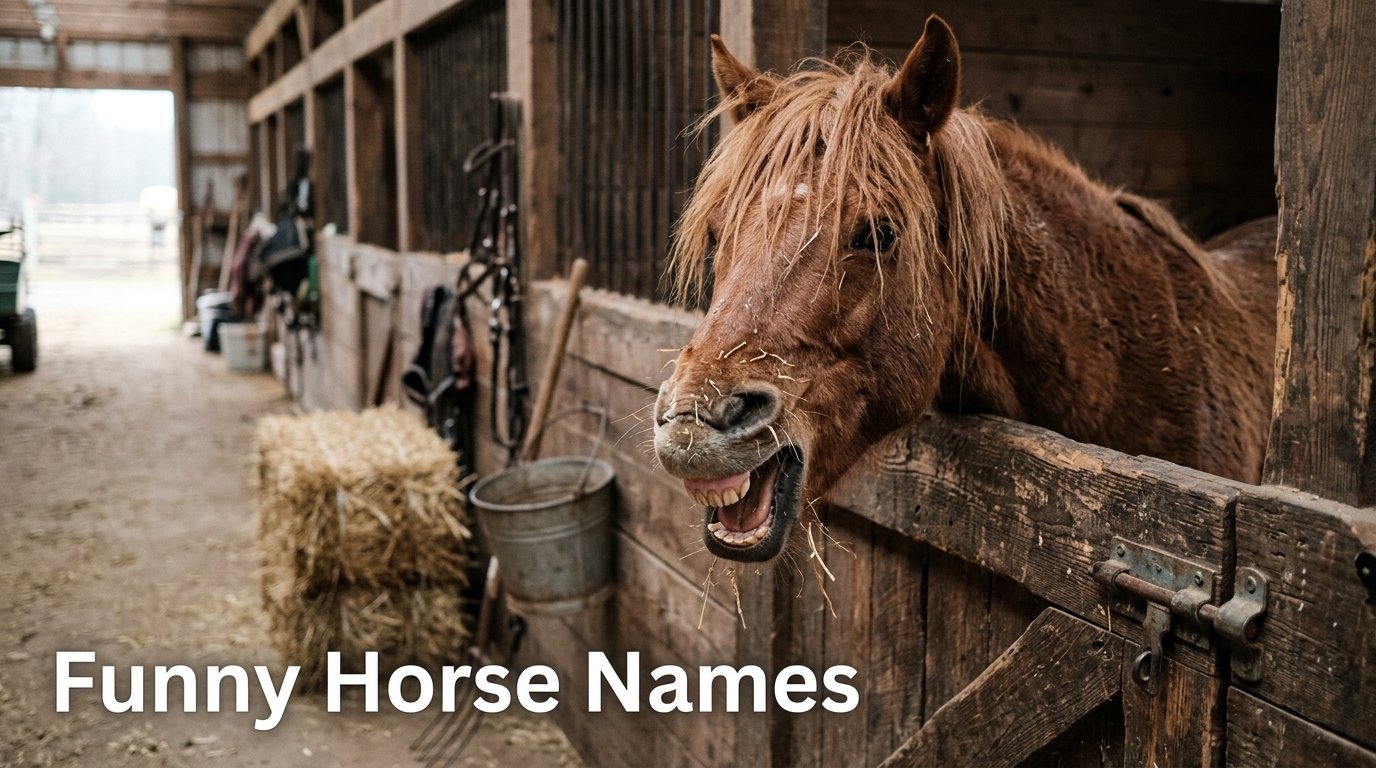 Chestnut horse leaning over a stall door with straw on its muzzle, featuring funny horse names