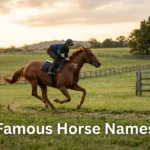 Chestnut horse galloping in a pasture, famous horse names inspiration