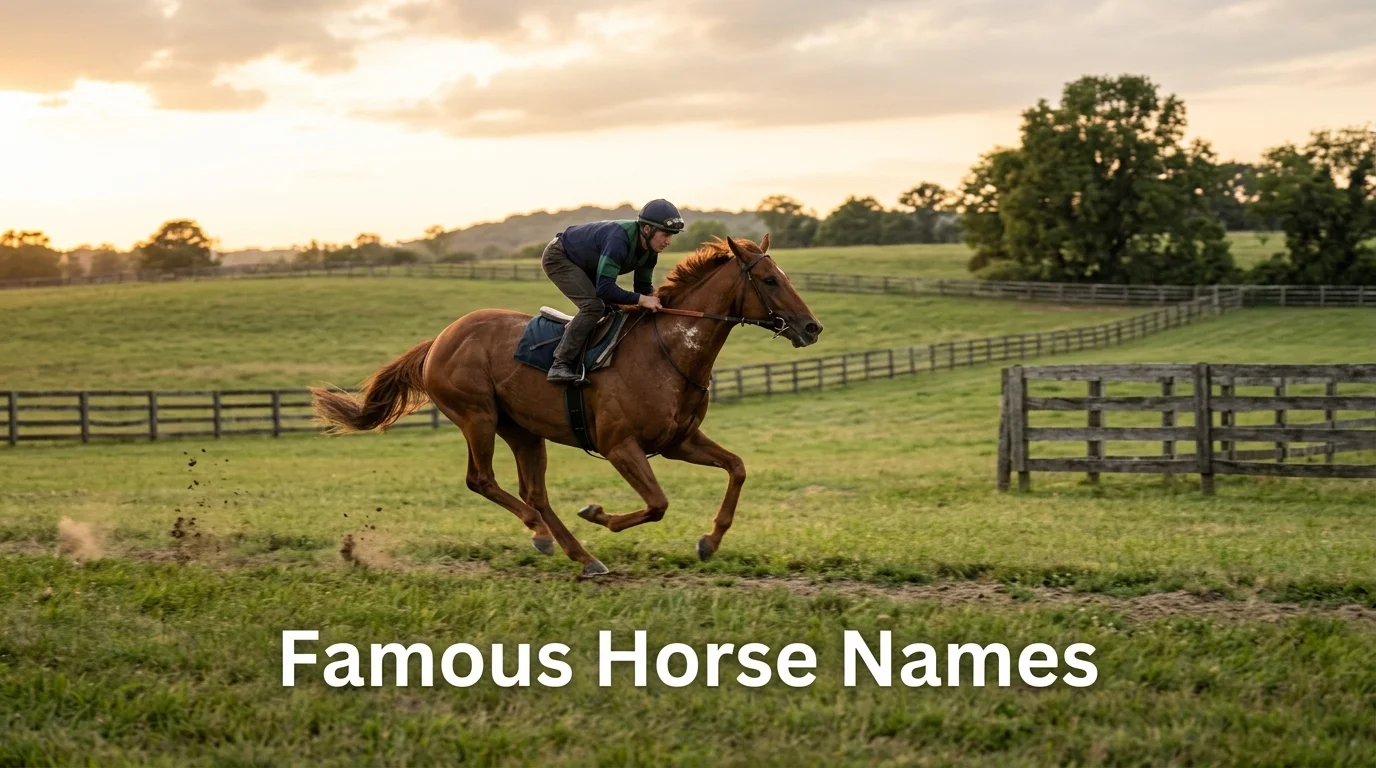 Chestnut horse galloping in a pasture, famous horse names inspiration