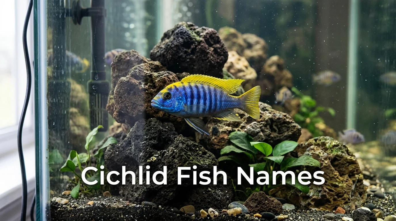 Colorful African cichlid near rockwork, cichlid fish names inspiration