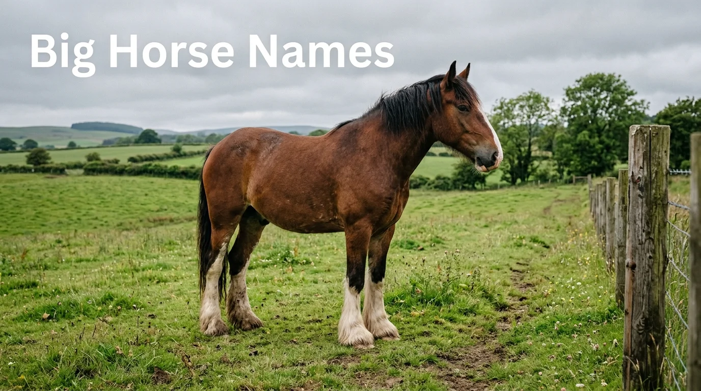 Bay Clydesdale-type horse with white feathered legs in a pasture, for a guide to big horse names