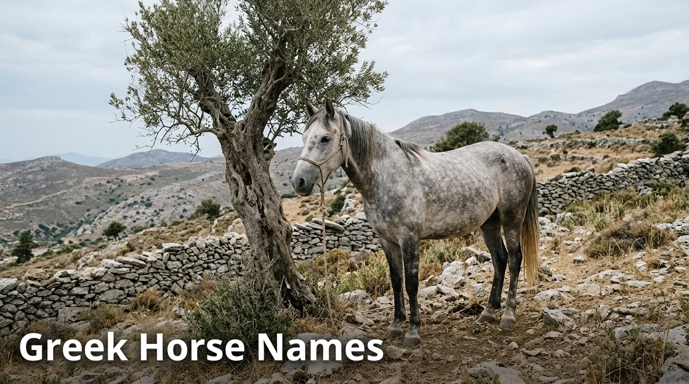 Dapple-grey horse beside an olive tree on a stone-walled hillside, for Greek horse names