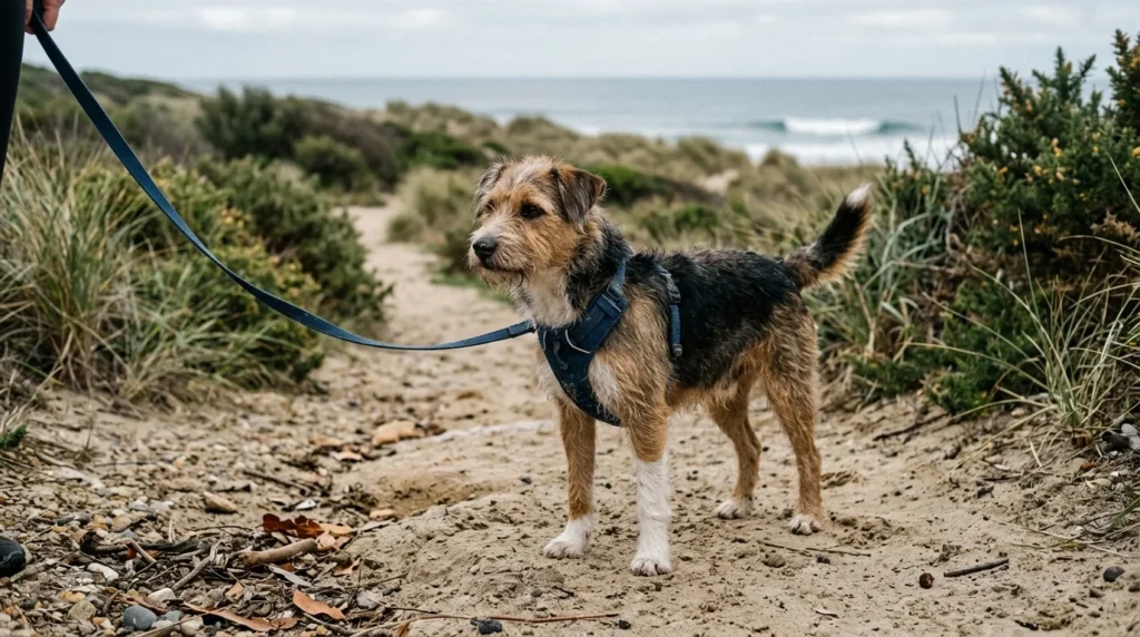 Dog on an Australian beach path, matching place-inspired dog names
