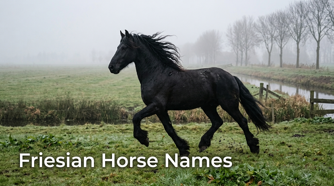 Black Friesian stallion trotting through a misty pasture, illustrating friesian horse names