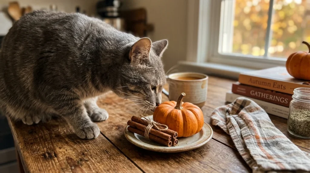 Gray cat near pumpkin and spices, food-inspired fall cat name ideas