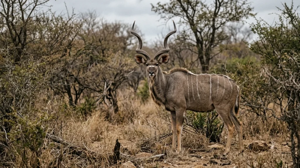Greater kudu bull with spiral horns, one of the largest antelope species
