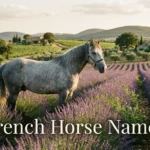 Grey horse in a lavender field, French horse names inspiration