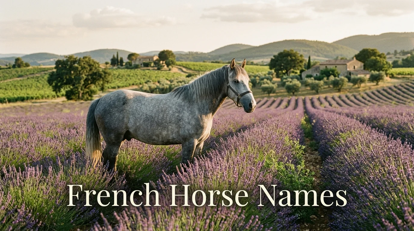 Grey horse in a lavender field, French horse names inspiration
