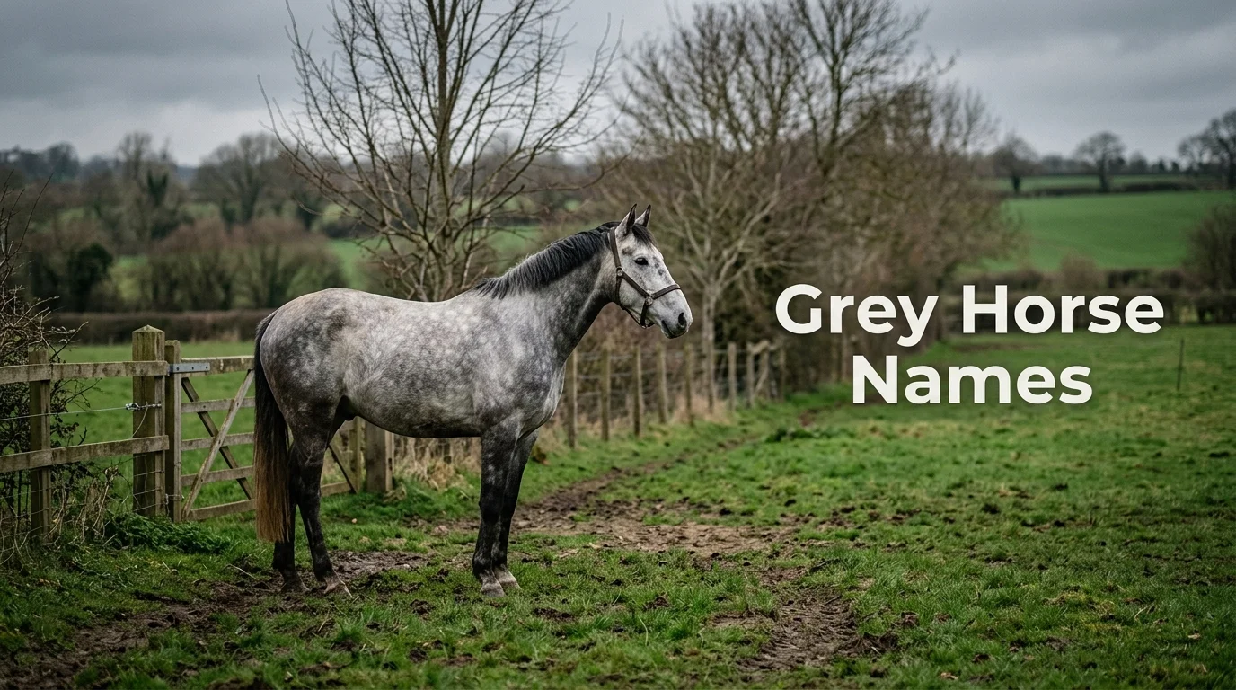 Dapple grey horse standing in a paddock, cover image for grey horse names