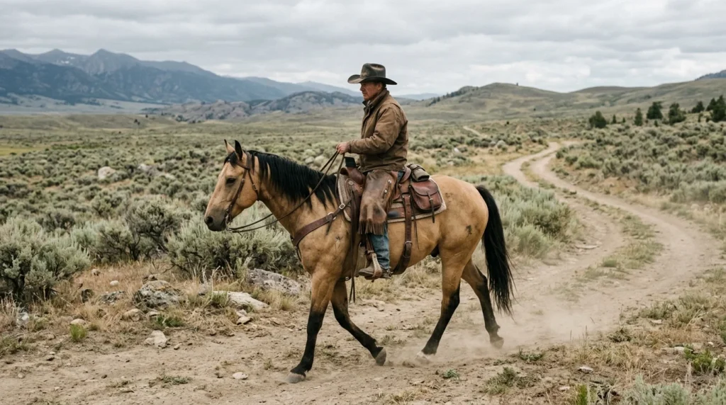 Buckskin horse and rider on a Western trail through open scrubland