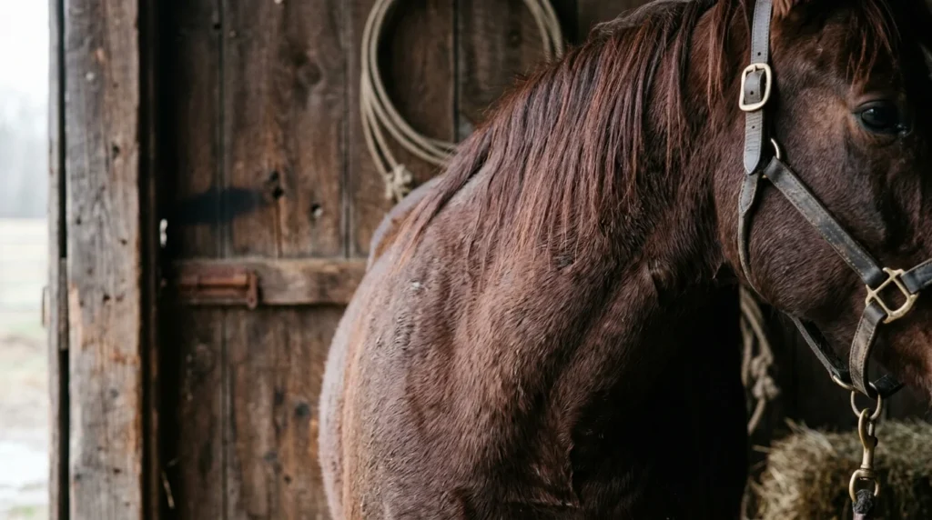 Liver chestnut horse coat shown in soft natural barn light