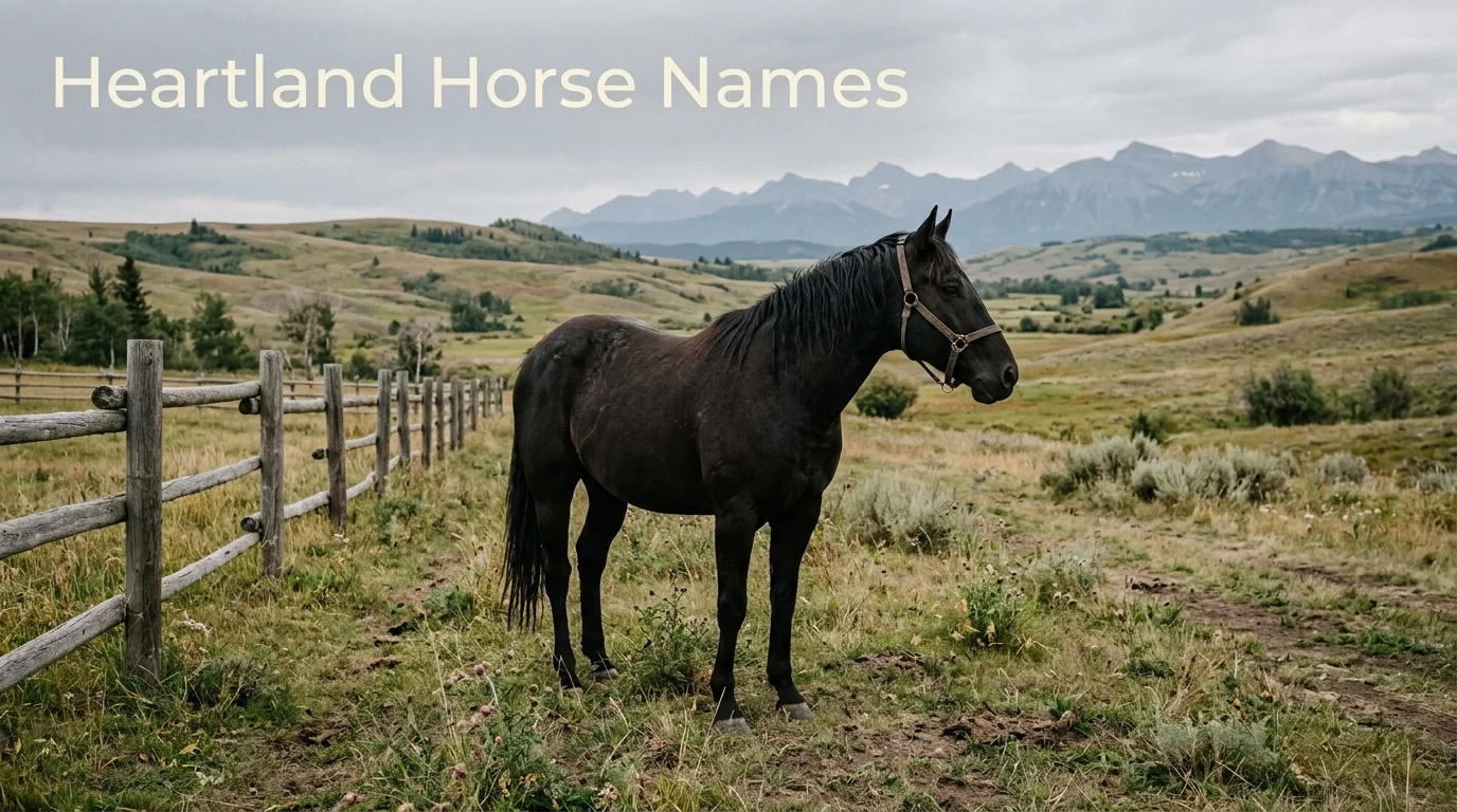 Black Quarter Horse in a foothills pasture, for a guide to Heartland horse names