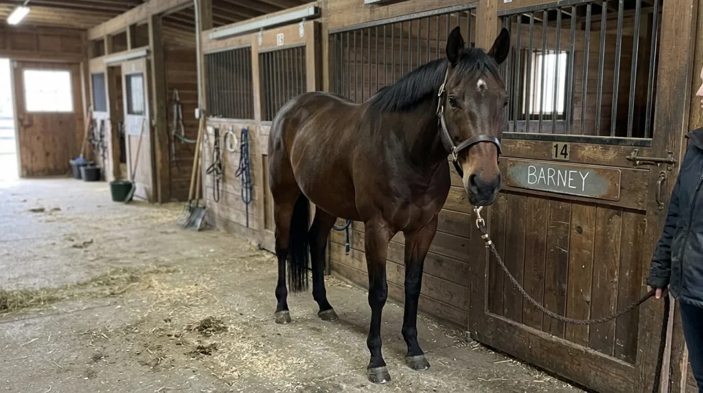 Bay horse in a stable stall, a champion-style naming pick