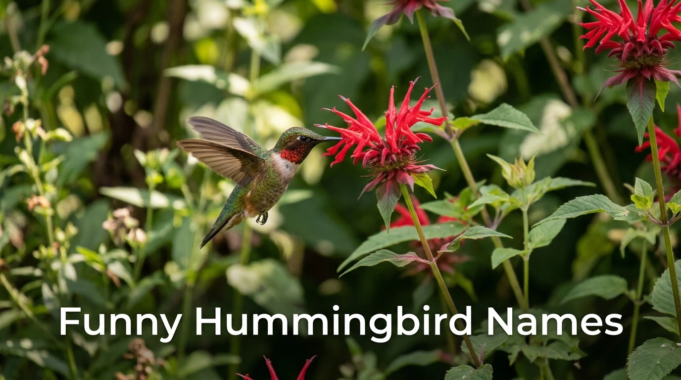 Hummingbird hovering near a flower, funny hummingbird names inspiration