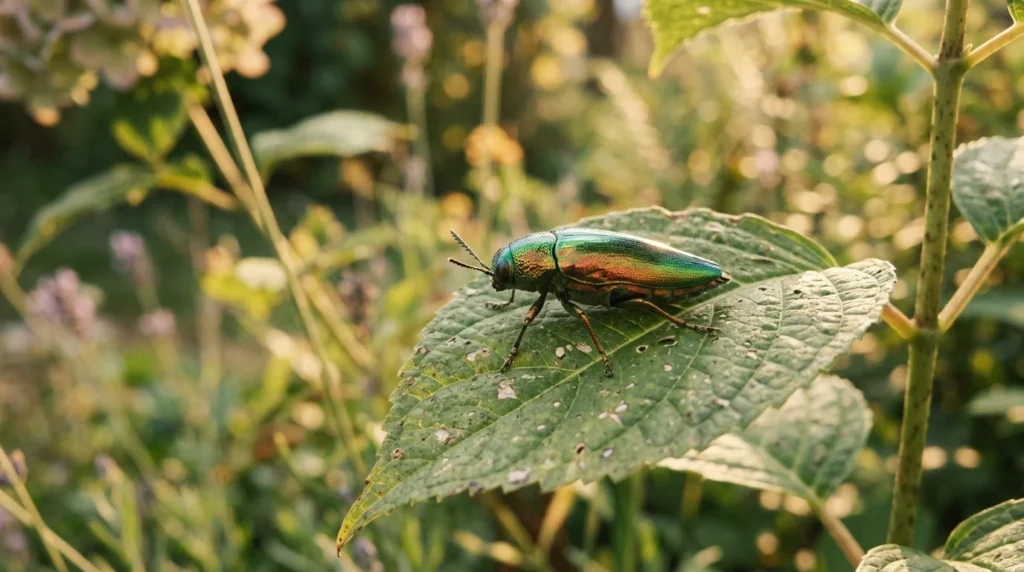 Iridescent jewel beetle on a leaf in golden light
