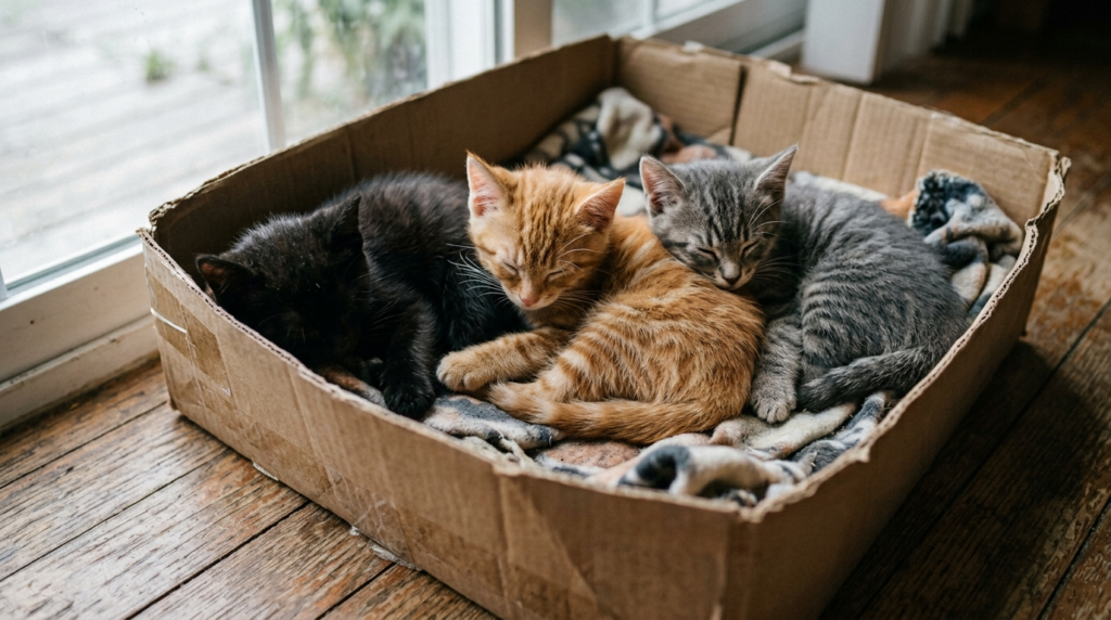 Three differently colored kittens sharing a box, for litter naming ideas