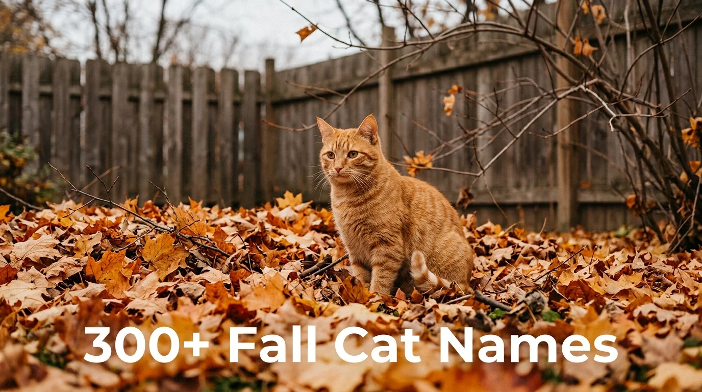 Orange tabby cat sitting in fall leaves, next to fall cat names list