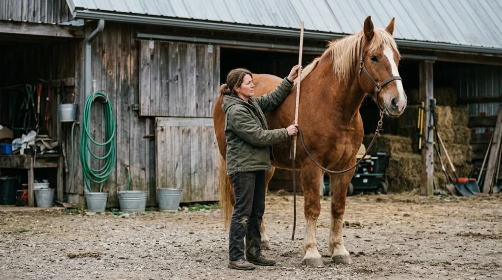 Person measuring a tall draft horse at the withers with a stick, showing what counts as a big horse