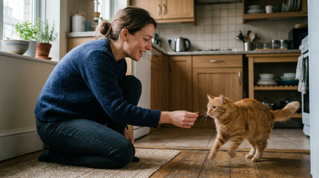 Orange tabby cat responding to its name in a home kitchen