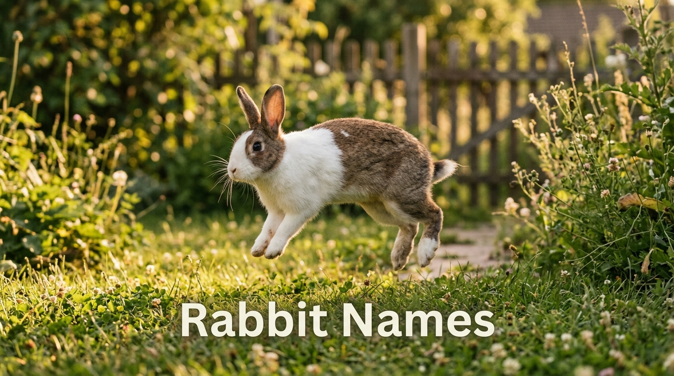 Pet rabbit mid-jump outdoors, ideal for browsing rabbit names