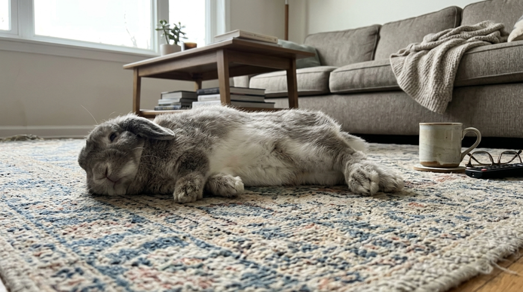 Relaxed pet rabbit flopped on its side on a rug