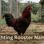 Gamefowl rooster in a backyard coop, fighting rooster names inspiration