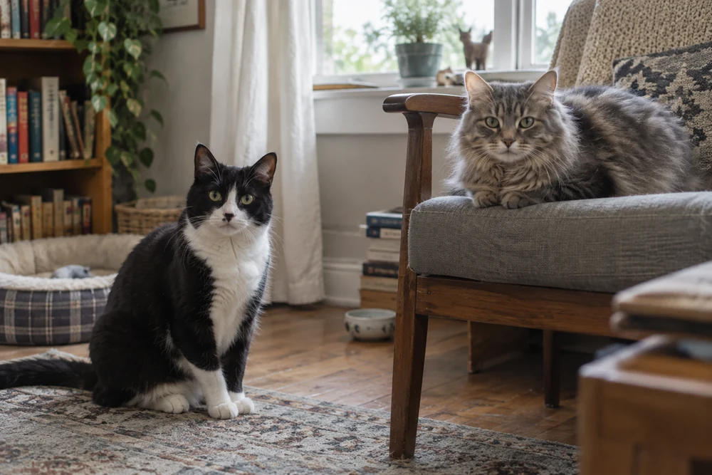 Two sister cats with distinct individual personalities