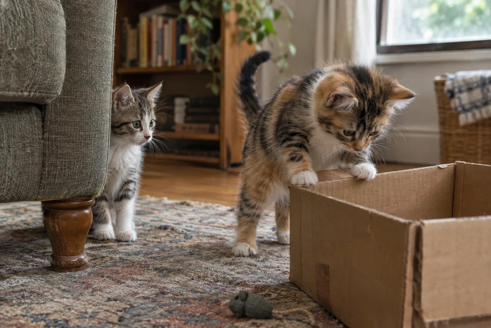 Sister kittens showing different personalities
