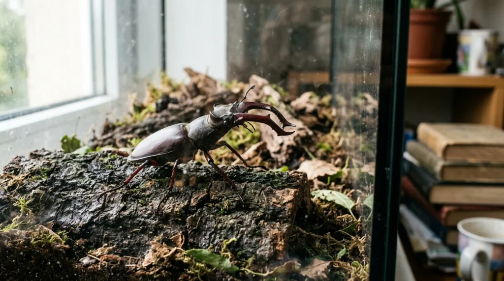 Stag beetle on bark, a common pick for pet beetle names