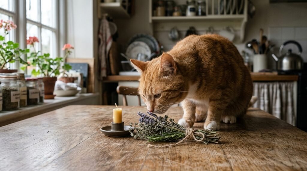 Orange tabby cat near herbs, fitting spellcraft-themed cat names