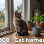 Tabby kitten on a windowsill, next to a list of cat names