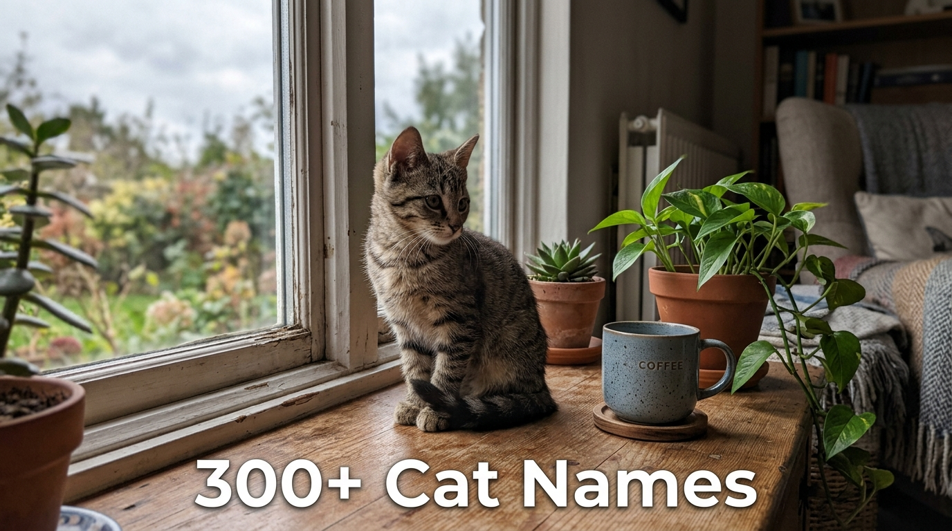 Tabby kitten on a windowsill, next to a list of cat names