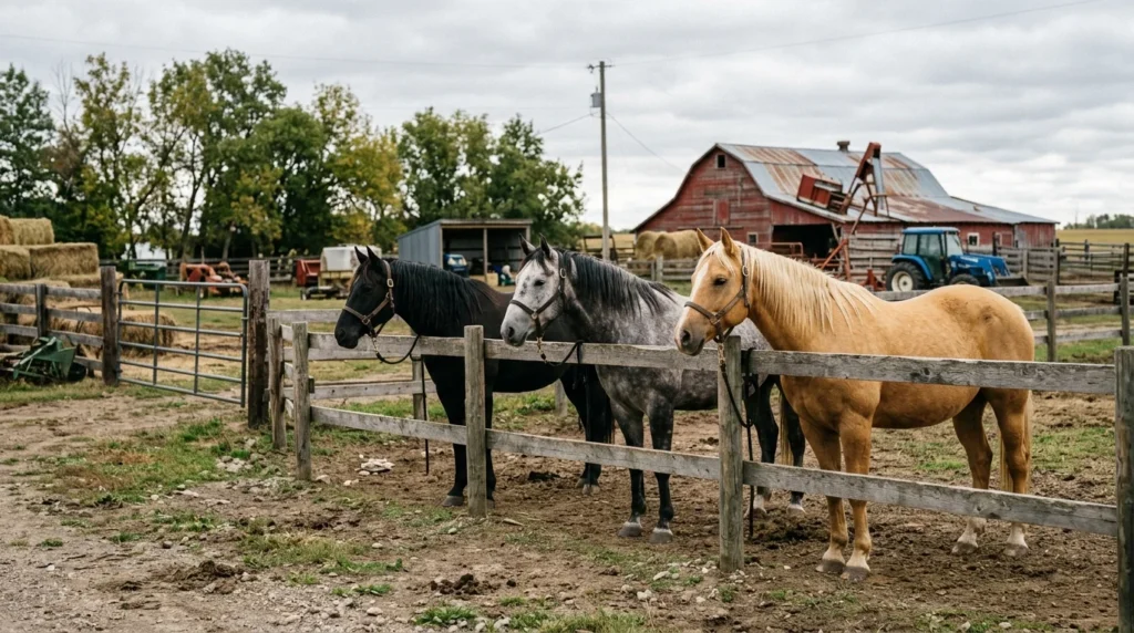 Black, grey, and palomino horses at a ranch fence, showing coat colors for Heartland horse names