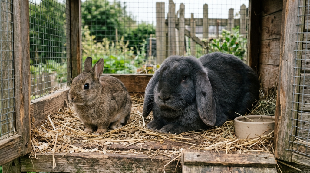 Two different rabbit breeds shown together outdoors